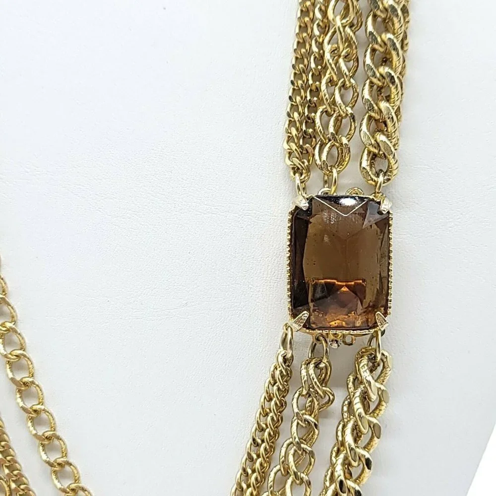 Heavy Faceted Topaz Glass Rhinestone Multi-Strand Chain Link Necklace Vintage
